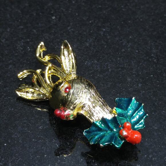Vintage Rudolph Red Nose Reindeer Brooch, Enamel Holly, 1960s, 2 Inches - Picture 7 of 10